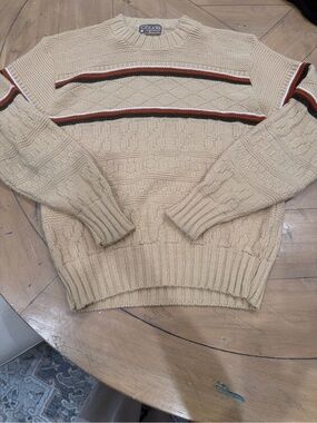 Vintage Grandpa Claude Cream Cable Knit Sweater with Stripe Detail Large